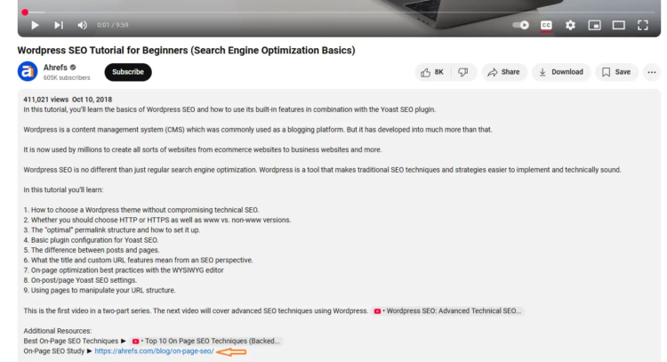 How Can YouTube Videos Help To Rank a WordPress Website 3 screenshot of a description containing a link to the webpage