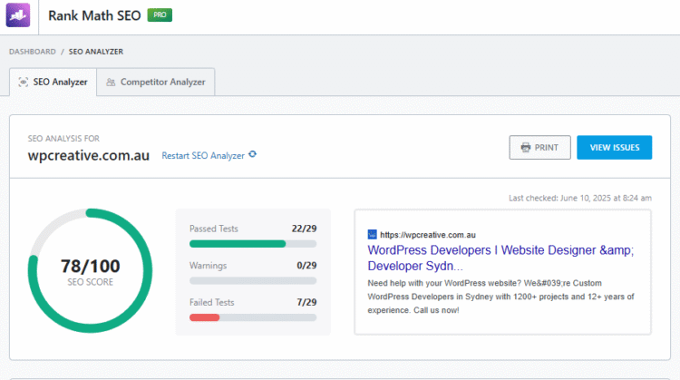 The Complete WordPress Maintenance Guide 6 RankMath SEO plugin dashboard showing the status of WP Creative