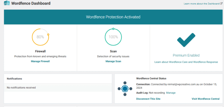 The Complete WordPress Maintenance Guide 3 Dashboard for WordFence plugin being used in WP Creative