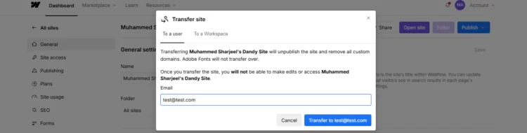How to Transfer Webflow Site to Another Account? 3 Transfer webflow site to a new user window