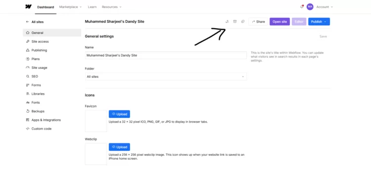 How to Transfer Webflow Site to Another Account? 2 Webflow website general settings dashboard