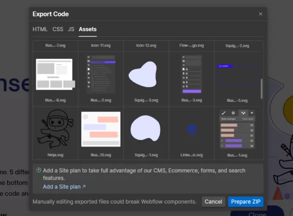 How to Transfer Webflow Site to Another Account? 4 export zip code window