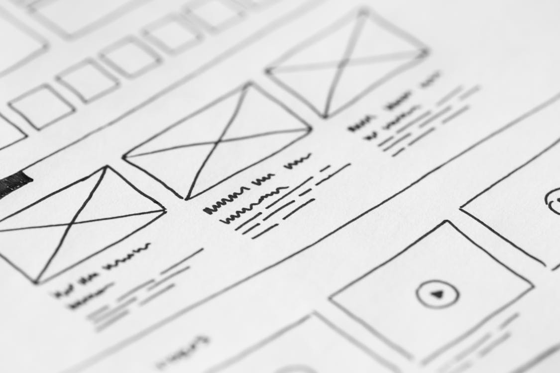 Website Design Checklist 2025: 32 Steps for a Flawless Launch 6 Hand-drawn wireframe for website layout with placeholders for images and videos.