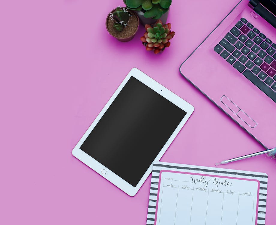 Website Design Checklist 2025: 32 Steps for a Flawless Launch 4 Website design mockup on tablet and laptop with a light pink background, plants, and a pen