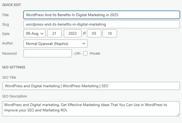 Why WordPress Is The Right Choice For Digital Marketing? (10 Key Benefits) 4 quick edit option on wordpress to edit SEO metatitle and meta description