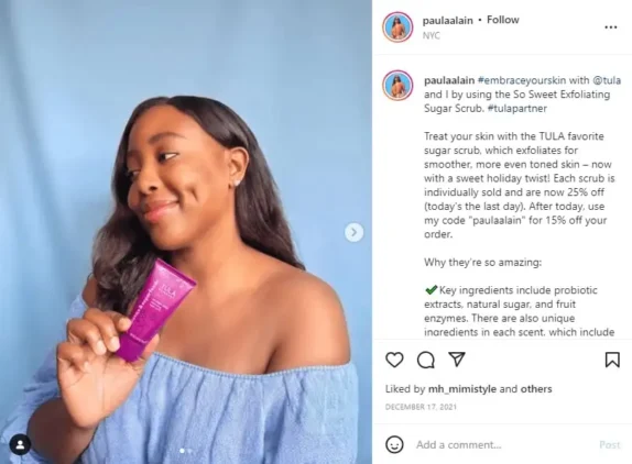 10 Types of Content to Boost your Web Traffic 7 Influencer holding a skincare product for a sponsored Instagram post