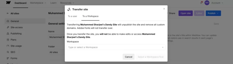 How to Transfer Webflow Site to Another Account? 6 webflow transfer to a new workplace window
