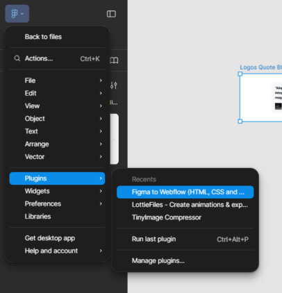 How to Use Figma to Webflow Plugin for Faster Development? 2 Figma interface showing the Plugins menu with 'Figma to Webflow' plugin selected