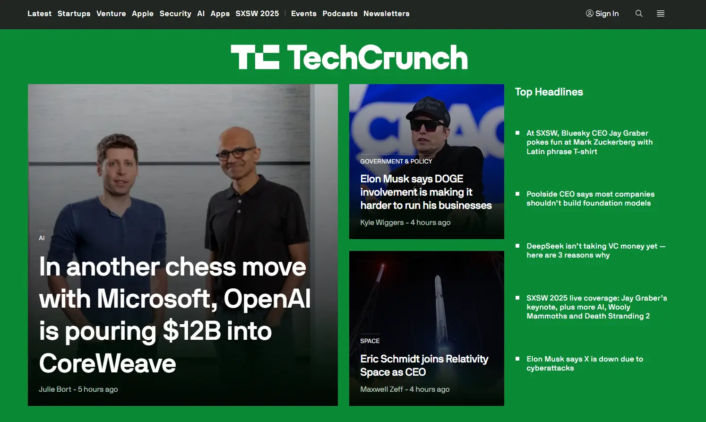 Headless WordPress CMS in 2026: Should You Make the Switch? 9 TechCrunch website homepage with news headlines featuring Microsoft, OpenAI, and Elon Musk
