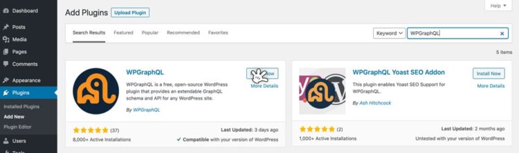 Headless WordPress CMS in 2026: Should You Make the Switch? 3 Screenshot of the WordPress admin panel showing WPGraphQL plugin installation options