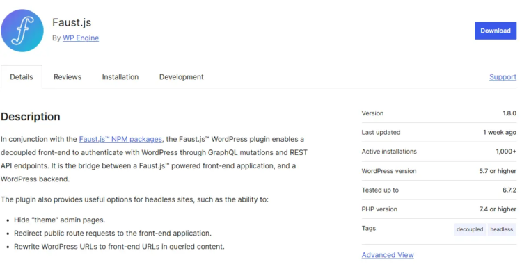 Headless WordPress CMS in 2026: Should You Make the Switch? 8 Faust.js WordPress plugin description for creating a decoupled front-end with GraphQL and REST API