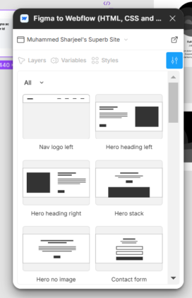 How to Use Figma to Webflow Plugin for Faster Development? 19 Figma to Webflow UI component selection panel