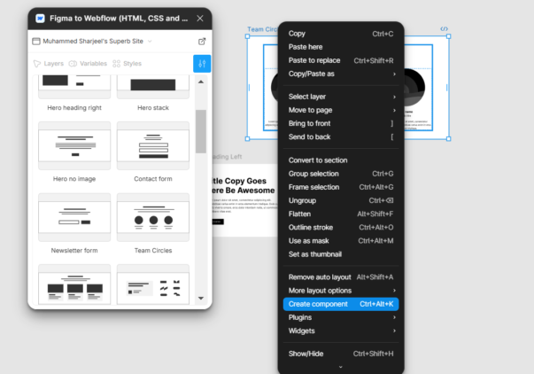 How to Use Figma to Webflow Plugin for Faster Development? 18 Figma UI with right-click menu to create a component