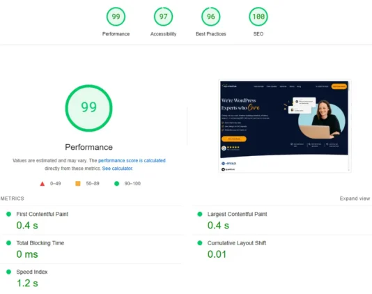 How To Score 100 On Google PageSpeed Insights Test 2 Google PageSpeed Insights results showcasing website performance score, loading speed, and Core Web Vital metrics