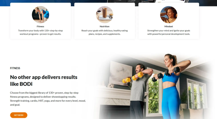 Headless WordPress CMS in 2026: Should You Make the Switch? 11 BODi app homepage showcasing fitness, nutrition, and mindset programs for workout and health improvement.