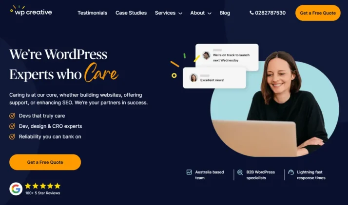 Complete WordPress Website Audit Guide for 2026: Step-by-Step Tutorial 2 WP Creative homepage showcasing branding, core services, and a CTA for WordPress development and SEO solutions