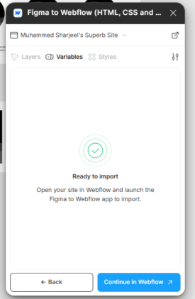 How to Use Figma to Webflow Plugin for Faster Development? 15 Figma to Webflow import ready screen with options