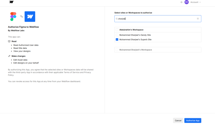 How to Use Figma to Webflow Plugin for Faster Development? 3 Webflow authorization window selecting site access