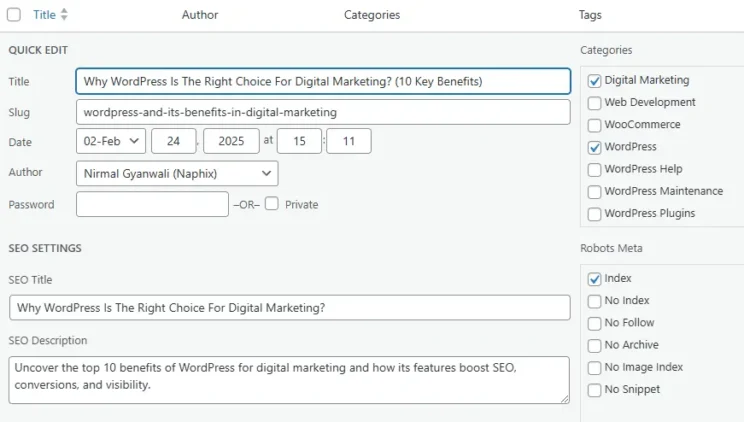 WordPress.com vs WordPress.org: Which One to Pick? 6 WordPress SEO settings panel with meta title and description fields for optimising search visibility