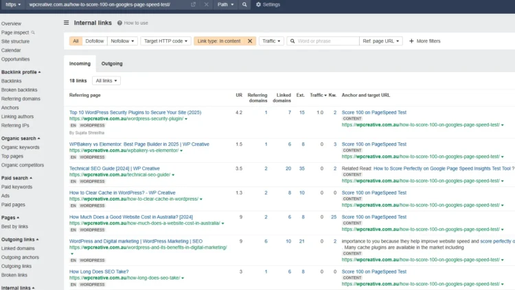 Complete WordPress Website Audit Guide for 2026: Step-by-Step Tutorial 8 Internal link analysis dashboard from Ahrefs showing referring pages, link types, and target URLs for SEO optimisation