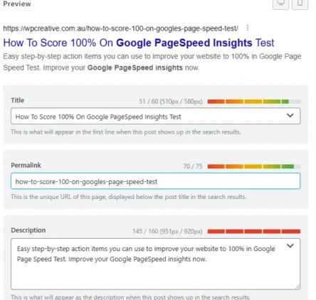 Complete WordPress Website Audit Guide for 2026: Step-by-Step Tutorial 7 Meta tags preview on RankMath showing SEO-optimised title, permalink, and description for a webpage