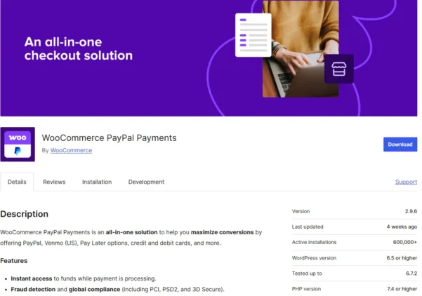 PayPal vs Stripe: Top WooCommerce Payment Gateway for 2026 2 WooCommerce PayPal Payments plugin interface showcasing its all-in-one checkout solution.