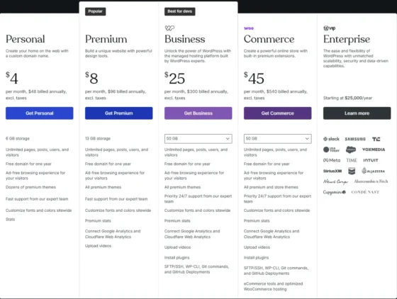 WordPress.com vs WordPress.org: Which One to Pick? 2 WordPress.com pricing plans: Personal, Premium, Business, Commerce, and Enterprise with features and costs