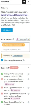 WordPress.com vs WordPress.org: Which One to Pick? 7 Rank Math SEO analysis showing focus keyword usage, errors in meta description, URL, and content for WordPress marketing