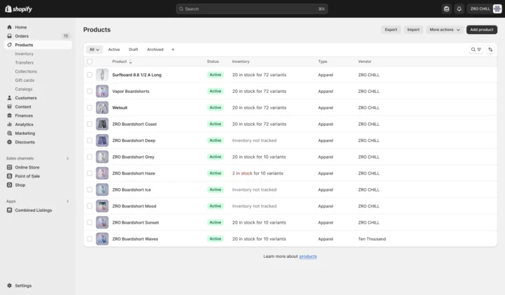 WooCommerce vs Shopify: Best Platform for E-Commerce Success 10 Shopify product management panel with inventory tracking
