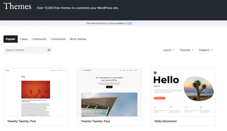 WordPress.com vs WordPress.org: Which One to Pick? 5 Free WordPress themes directory showing over 13,000 customizable website themes for WordPress