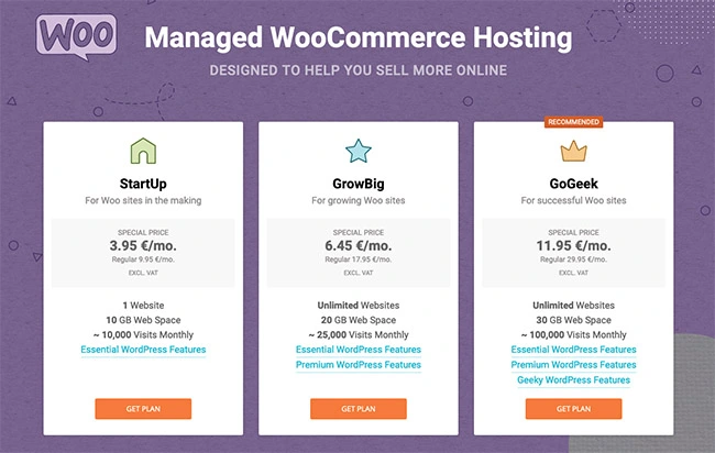 WooCommerce vs Shopify: Best Platform for E-Commerce Success 2 WooCommerce managed hosting plans comparison for StartUp, GrowBig, and GoGeek pricing and features