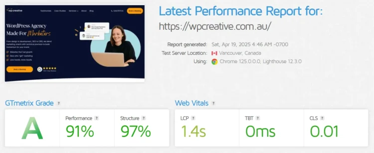 How to Speed Up Your Shopify Store for Better Performance? 7 GTMetrix measuring website speed of WP Creative