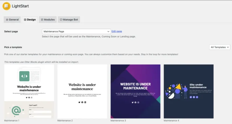 WordPress Maintenance Mode: How to Enable, Disable, & Troubleshoot It 6 Choose a Template for Maintenance Mode in LightStart